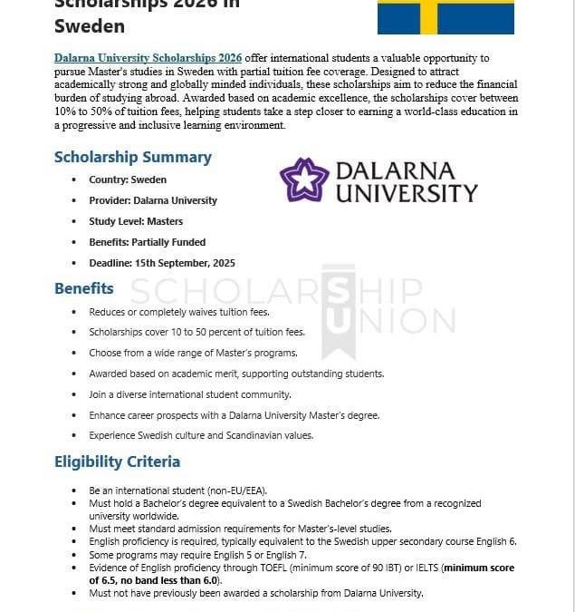 Dalarna University Scholarships 2026 in Sweden
