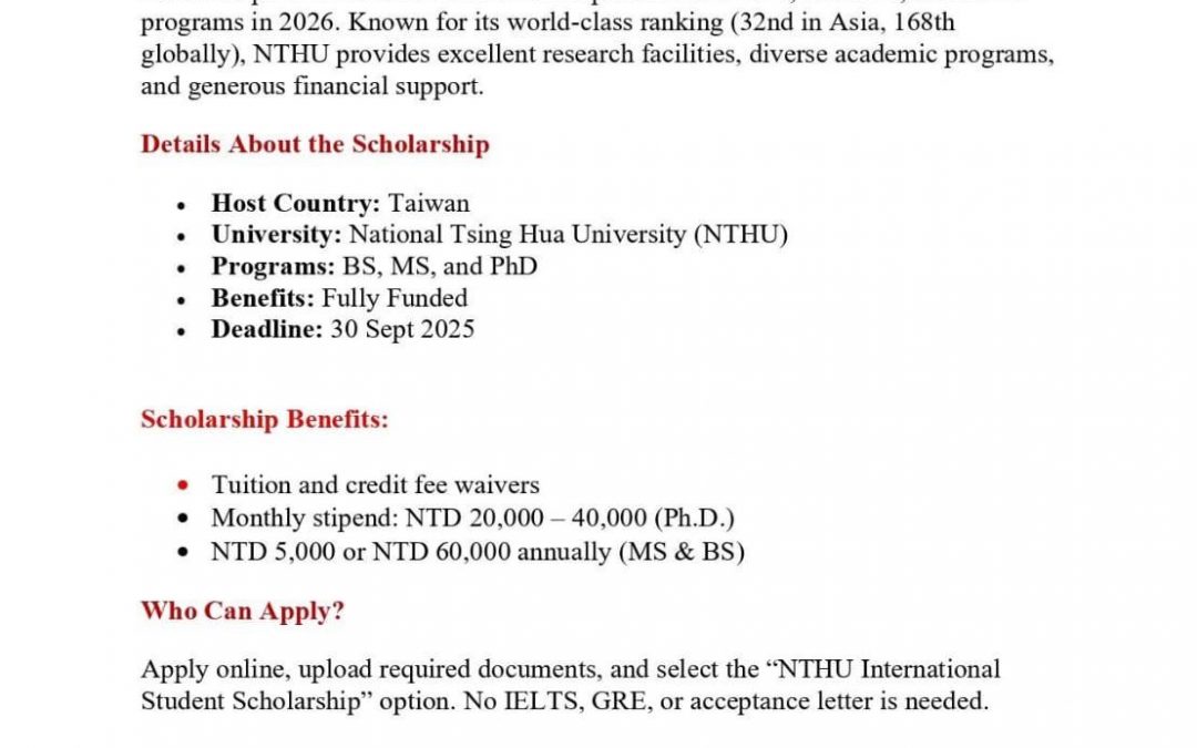National Tsing Hua University Scholarships 2026