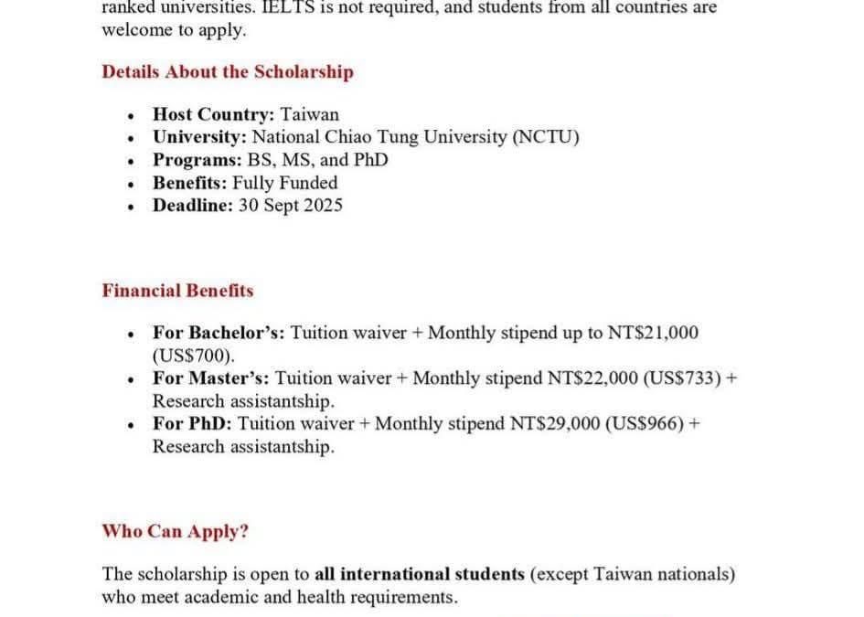 National Tsing Hua University Scholarships 2026 (Fully Funded)
