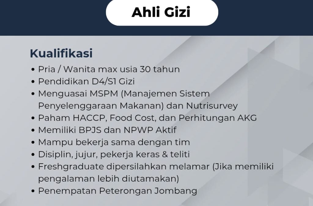 Lowongan Kerja Ahli Gizi